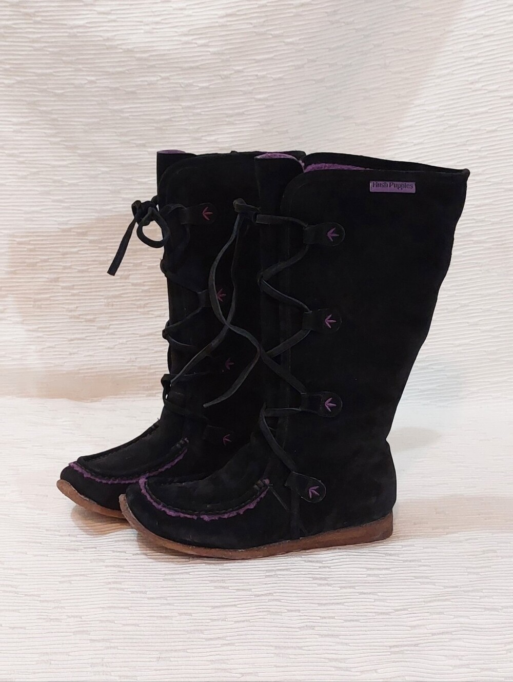 Hush Puppies Black Suede Lace-Up Knee Boots with Purple Accents Size 7